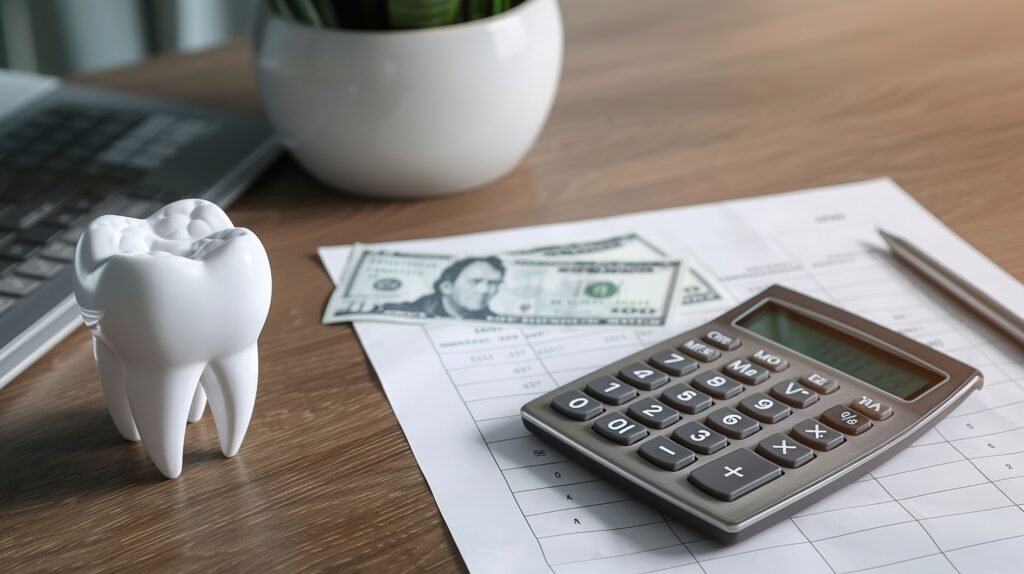 Large model tooth next to calculator and dollar bills on desk